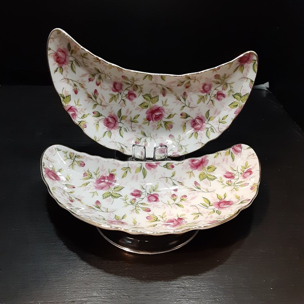 2 Vintage Hand Painted Lefton Porcelain Bone Dishes Chintz Pattern